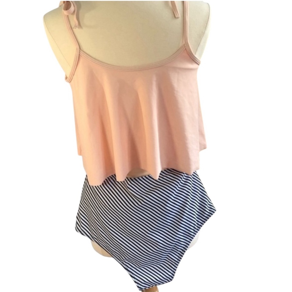 High waist bathing suitlight pink top & black and white stripe bottoms